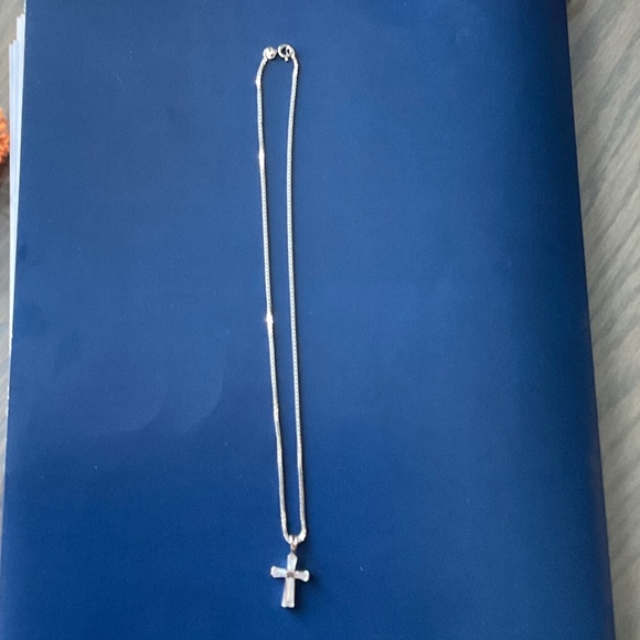 CROSS WITH TAPERED BAGUETTE  CUT CLEAR STONES AND SILVER on a  SILVER CHAIN - Picture 1 of 6